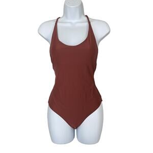 Aerie Dark Orange Rusty Brown Crochet Back One Piece Swim Suit Sz S